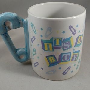 Vintage baby boy mug with retro diaper pin handle